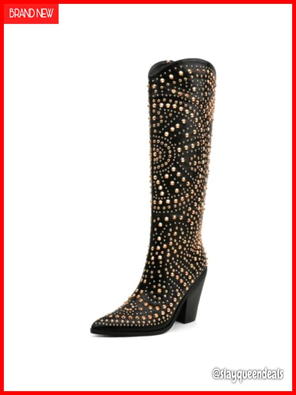 Studded Knee High Western Cowboy Boots Faux Leather Pointed Toe Chunky Heel